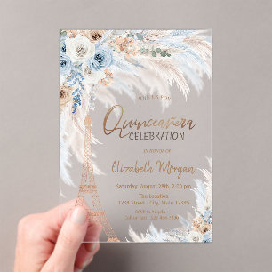 Eiffelturm Blaue Rosen Pampasgras Quinceanera Acryleinladungen