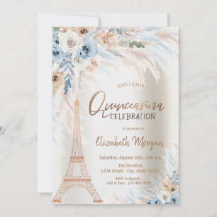 Eiffelturm Blaue Rosen Pampasgras Quinceanera Einladung