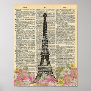 Eiffelturm Blumen Vintage-Wörterbuchseite Poster