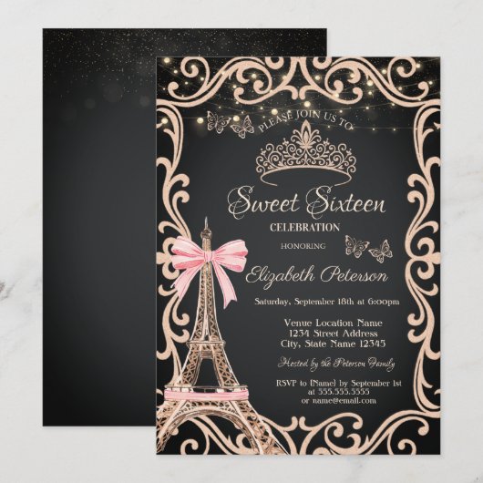 Eiffelturm-Bogenrahmen-Kleid Schmetterling Sweet 1 Einladung (Vorne/Hinten)