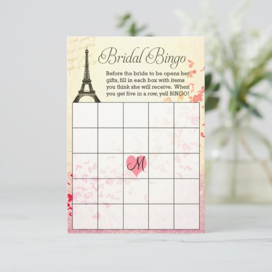 Eiffelturm-Brautparty-Bingokarte mit Monogra Einladung (Stehend Vorderseite)