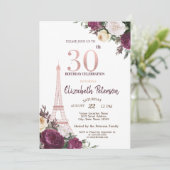 Eiffelturm Burgund Blume 30. Geburtstag Einladung (Stehend Vorderseite)