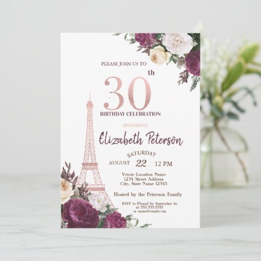 Eiffelturm Burgund Blume 30. Geburtstag Einladung (Stehend Vorderseite)