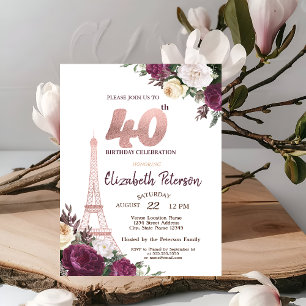 Eiffelturm Burgund Blume 40. Geburtstag Einladung