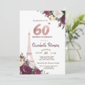 Eiffelturm Burgund Blume 60. Geburtstag Einladung (Stehend Vorderseite)