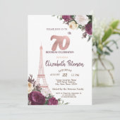 Eiffelturm Burgund Blume 70. Geburtstag Einladung (Stehend Vorderseite)