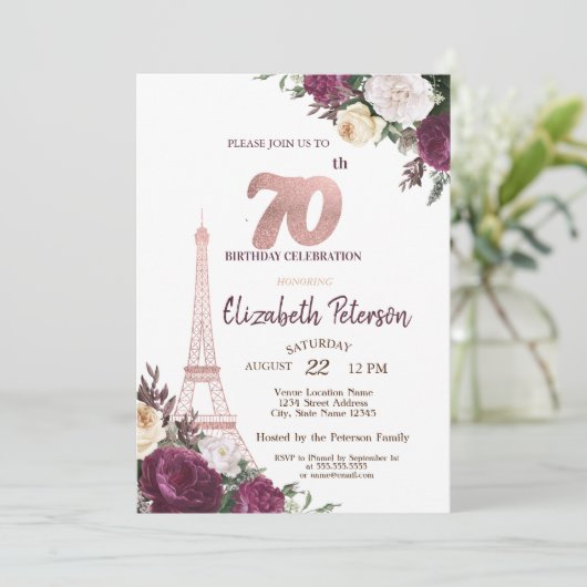 Eiffelturm Burgund Blume 70. Geburtstag Einladung (Stehend Vorderseite)