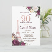 Eiffelturm Burgund Blume 90. Geburtstag Einladung (Stehend Vorderseite)
