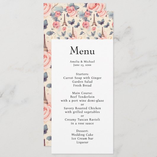 Eiffelturm Butterfly und Hochzeitsmenü für Rose Einladung (Vorne/Hinten)