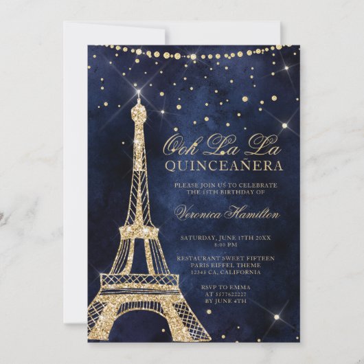 Eiffelturm Chic Gold Glitzer funkeln Quinceanera Einladung (Vorderseite)