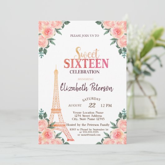 Eiffelturm Confetti ++++9-Blume Süß 16 Einladung (Stehend Vorderseite)