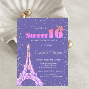 Eiffelturm-Diamanten Violett Sweet 16 Einladung