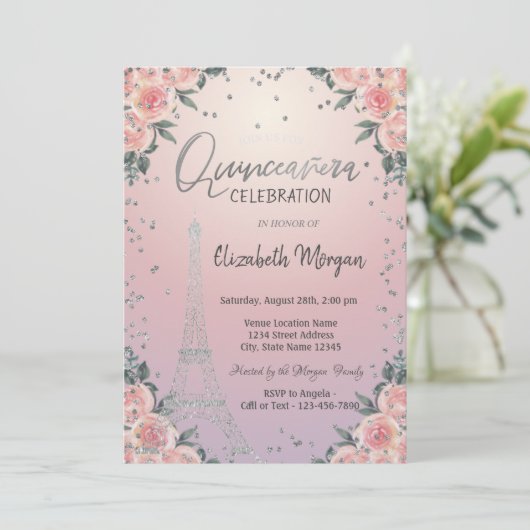 Eiffelturm Diamonds Blume Pink Quinceañera Einladung (Stehend Vorderseite)