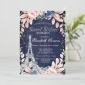 Eiffelturm Diamonds Navy Blue Rose Sweet 16 Einladung (Stehend Vorderseite)