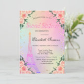 Eiffelturm Diamonds Rose Holografisches Sweet 16 Einladung (Stehend Vorderseite)