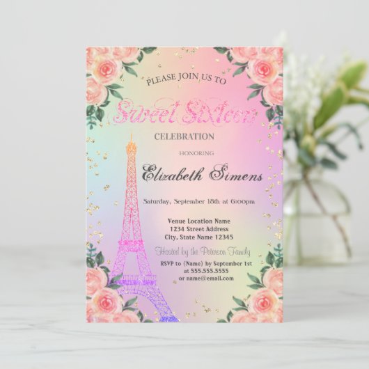 Eiffelturm Diamonds Rose Holografisches Sweet 16 Einladung (Stehend Vorderseite)