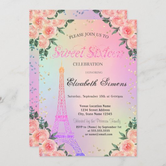 Eiffelturm Diamonds Rose Holografisches Sweet 16 Einladung (Vorne/Hinten)