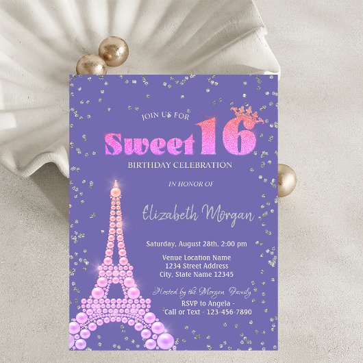 Eiffelturm Diamonds Violet Sweet 16 Einladung