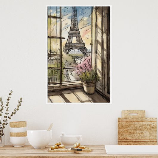 Eiffelturm durch ein Fenster-Poster Poster (Küche)