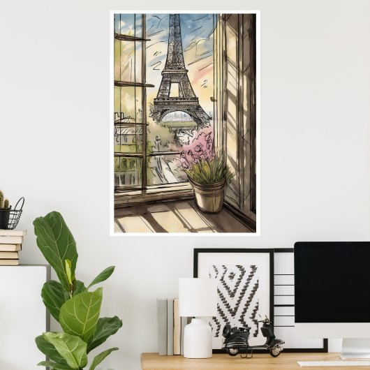 Eiffelturm durch ein Fenster-Poster Poster (Heimbüro)
