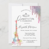 Eiffelturm, farbenfrohe Tropfen Quinceañera Einladung (Vorderseite)