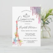 Eiffelturm, farbenfrohe Tropfen Quinceañera Einladung (Stehend Vorderseite)