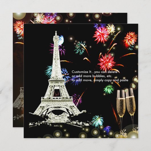 Eiffelturm+Feuerwerk Champagnerbläschen Einladung (Vorne/Hinten)