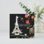 Eiffelturm+Feuerwerk Champagnerbläschen Einladung (Stehend Vorderseite)