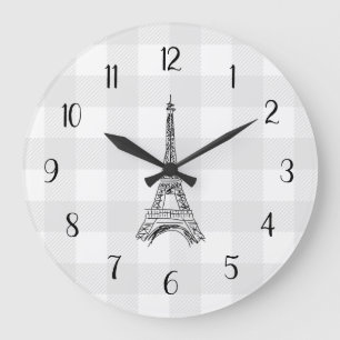 Eiffelturm Französisches Land Grau Gingham-Muster Große Wanduhr