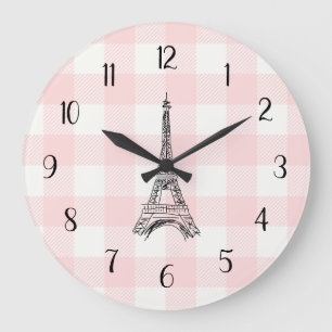 Eiffelturm Französisches Land Pink Gingham-Muster Große Wanduhr