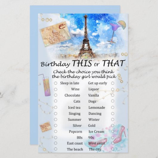Eiffelturm Geburtstag dieses oder jenes Spiel (Vorne/Hinten)