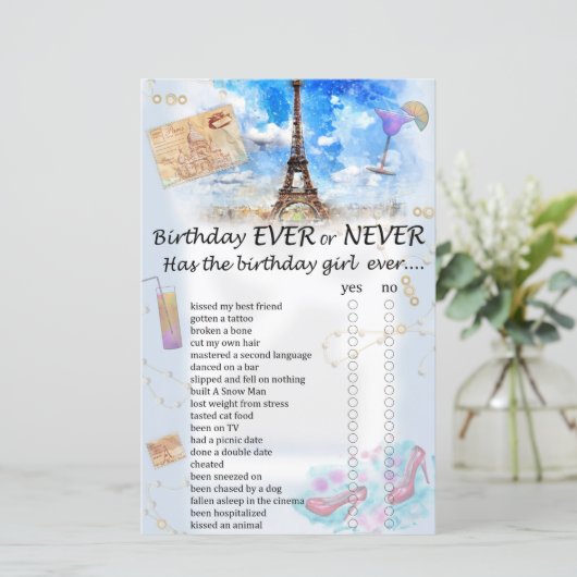 Eiffelturm Geburtstag oder nie Spiel (Stehend Vorderseite)