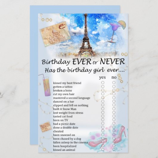 Eiffelturm Geburtstag oder nie Spiel (Vorne/Hinten)