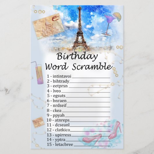 Eiffelturm Geburtstag Word Scramble Game (Vorderseite)