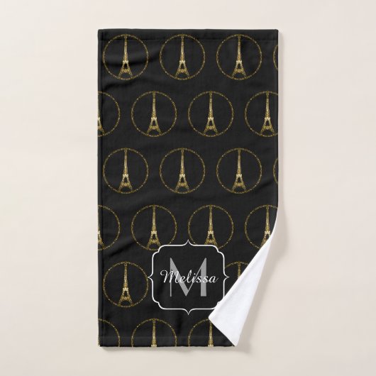 Eiffelturm Gold Glitzer Glitzern Schwarze Monogram Badhandtuch Set (Handtuch)
