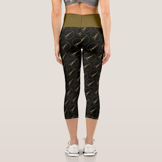 Eiffelturm Gold Glitzer Glitzern Schwarzes Muster Capri Leggings (Rückseite)