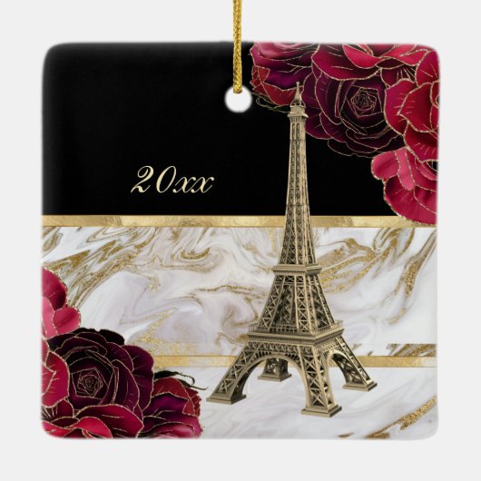 Eiffelturm Gold, Rose aus schwarzem Marmor Weihnac Keramikornament (Rückseite)