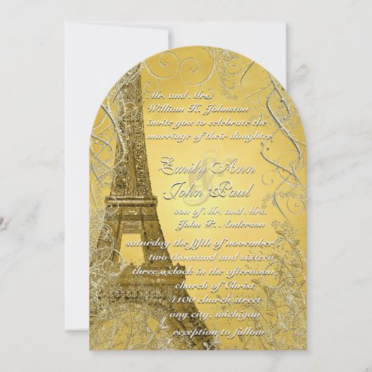 Eiffelturm Gold Swirl Blätter Burnt Gold Metallic Einladung (Vorderseite)