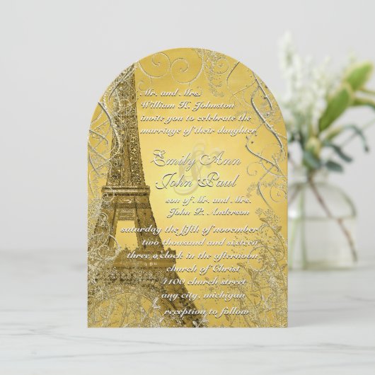 Eiffelturm Gold Swirl Blätter Burnt Gold Metallic Einladung (Stehend Vorderseite)