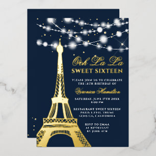 Eiffelturm goldfarbene Glitzer leuchtet blau Sweet Folieneinladung