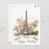 Eiffelturm "Happy Birthday" mit Individuelle Name Postkarte (Vorne/Hinten)