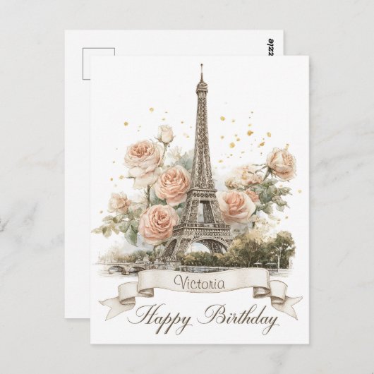 Eiffelturm "Happy Birthday" mit Individuelle Name Postkarte (Vorne/Hinten)