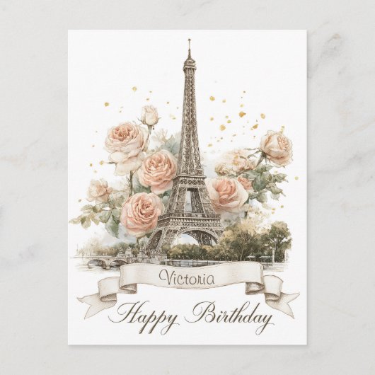 Eiffelturm "Happy Birthday" mit Individuelle Name Postkarte (Vorderseite)