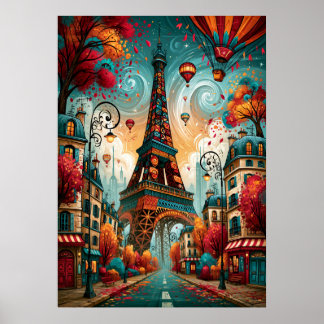 Eiffelturm-Heißluftballon-Traumlandschaft Poster