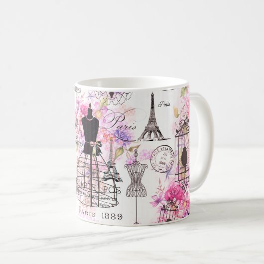 Eiffelturm im Vintagen Stil mit rosa Blumen Kaffeetasse (VorderseiteRechts)