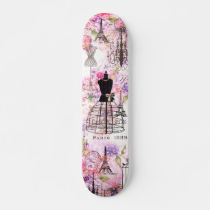 Eiffelturm im Vintagen Stil mit rosa Blumen Skateboard