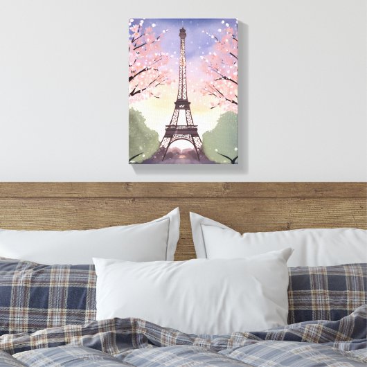 Eiffelturm in Bloom | Paris France Watercolor Leinwanddruck (Insitu (Schlafzimmer))