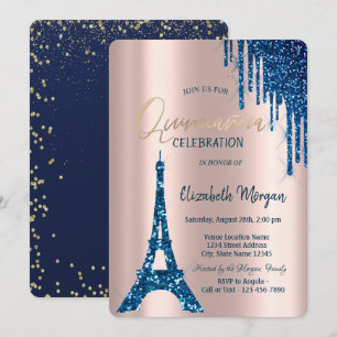 Eiffelturm-Konfetti-Tropfen Navy-Blau Quinceañera Einladung