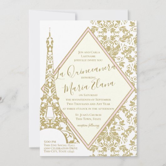Eiffelturm La Quinceanera Blush and Gold Damask Einladung (Vorderseite)