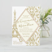 Eiffelturm La Quinceanera Blush and Gold Damask Einladung (Stehend Vorderseite)